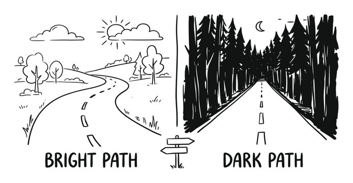 Split view of bright path and dark path with directional sign.
