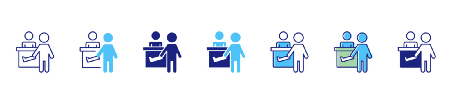 Airport check in activity icon set passenger registration counter boarding luggage travel service vector illustration