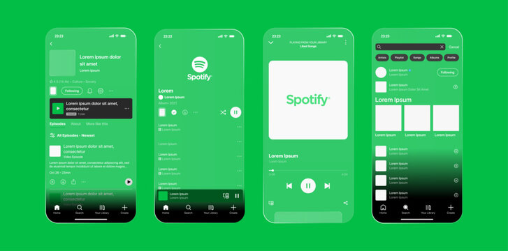 Spotify music streaming service app. Spotify-Inspired Green Music App UI Kit. Modern Glassmorphism Mobile Interface Vector Pack