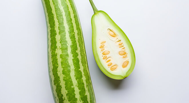 Whole Snake Gourd Vegetable and One Half Cut Showing Seeds and Pulp on White Background