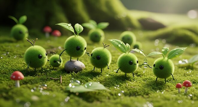 Group of small, round, green nature spirits inhabiting a mossy forest floor