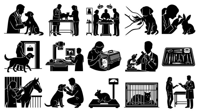 Veterinary Medicine and Animal Care Glyphs Set. Black  White Silhouettes of Veterinarians, Pets, and Clinic Tools