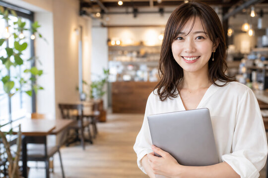 カフェでPCを持つ笑顔の日本人女性 Generative AI