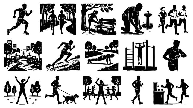 Black  White Vector Art of People Exercising, Running, and Working Out