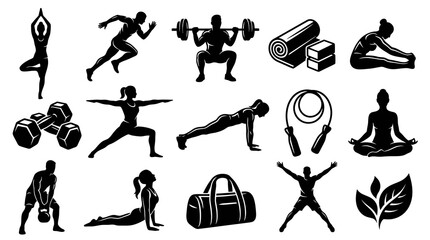 Obraz premium Fitness Silhouette Icons: Yoga, Weightlifting, Running, Exercise Gear