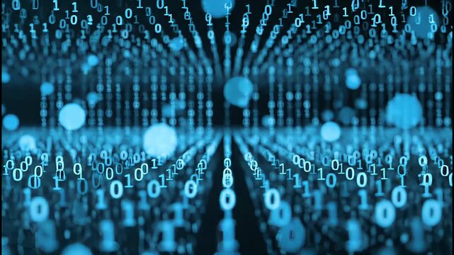 A deep perspective into digital data streams of binary code, with bokeh effects