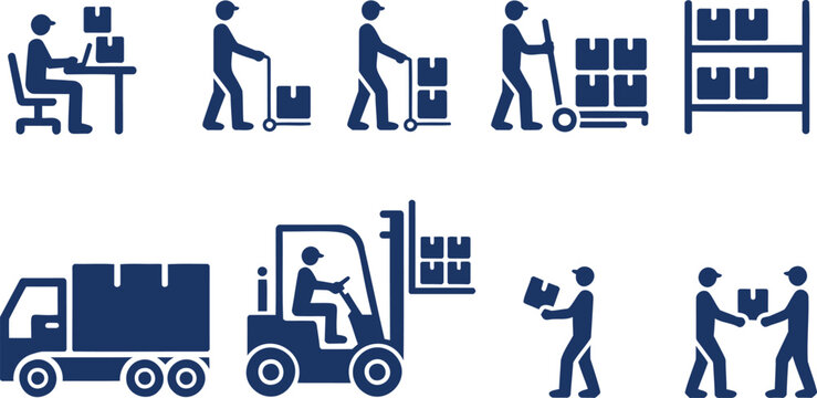 Warehouse and logistics showing workers handling cardboard boxes and shipping equipment