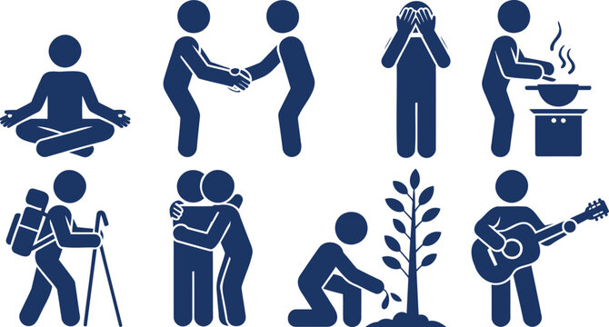 Set of blue stick figure depicting various daily human activities and social interactions