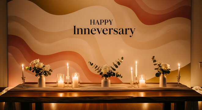 Romantic anniversary dinner setup with candles and flowers on wooden table