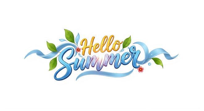 Hello summer text with green leaves and blue as isolated element