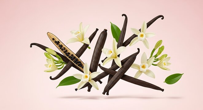 Assortment of dark brown cured pods, vibrant blossoms, and seeds float against a soft pink backdrop