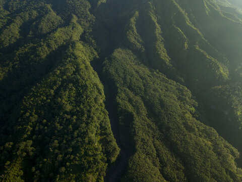 Aerial view of the lush green slopes and deep ravines near Bunker Kaliadem Merapi under soft morning light in Kecamatan Pakem, Daerah Istimewa Yogya, Indonesia.