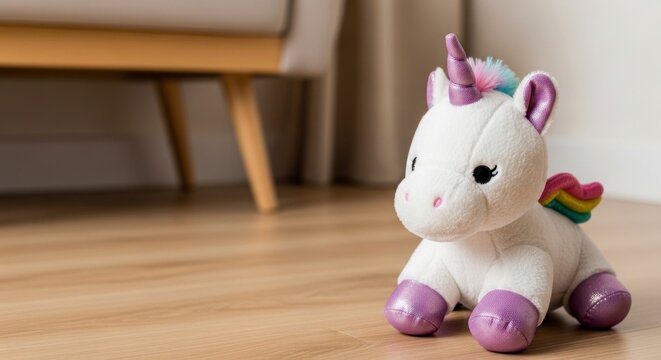 White unicorn plush toy with purple metallic details sitting on a wooden floor, cute soft stuffed animal in a modern home interior.