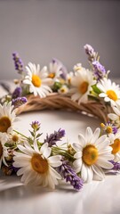 Obraz premium A photo of delicate floral crowns adorned with daisies and lavender in a sunny meadow