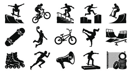 Naklejka premium Extreme Sports Urban Lifestyle Black and White Silhouettes Set. Action Athletes Street Culture Icons.