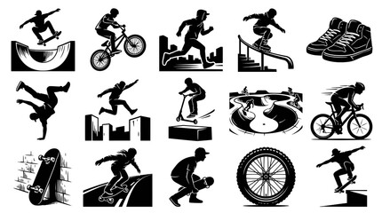 Obraz premium Black and White Silhouette Icons of Extreme Sports Athletes and Gear