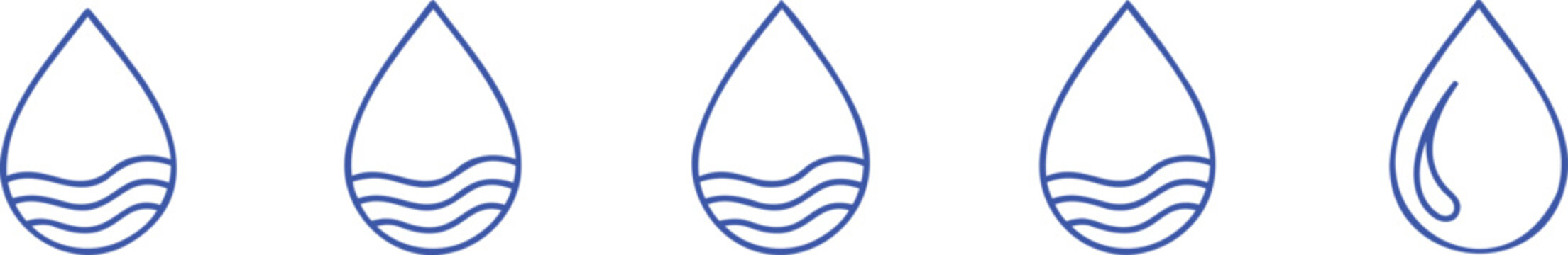 Five blue outline of water droplets with wave patterns inside on white background