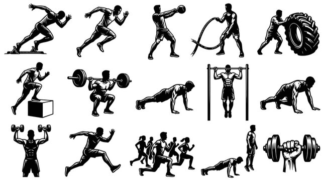 Fitness and Sports Vector Icons: Diverse Workout Poses, Black and White