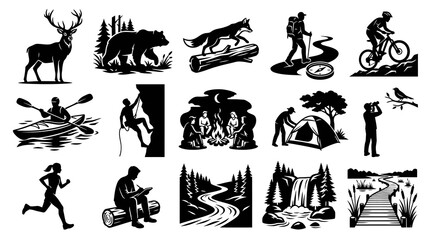Obraz premium Outdoor Adventure Nature Recreation Vector Silhouette Icon Set. Wildlife, Camping, Hiking, Kayaking Glyphs.