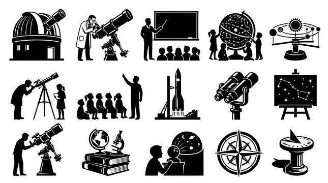 Astronomy Education Science Glyph Icons - Black and White Silhouette Set for Learning and Discovery