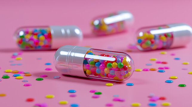 Sparkling capsules filled with synthetic particles symbolizing environmental toxicity and ecological crisis