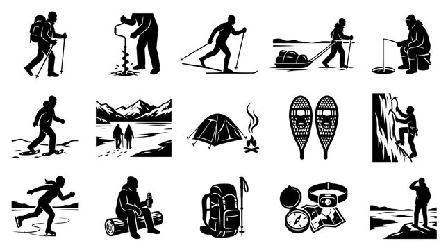 Black and White Glyph Icons Set: Winter Outdoor Activities, Sports, and Adventure Recreation Silhouettes