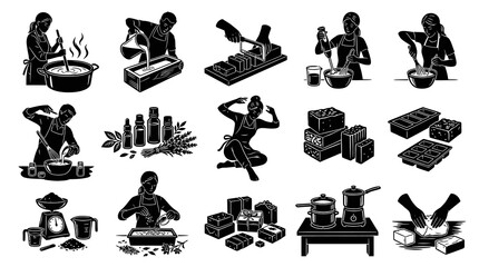 Obraz premium Handmade Soap Making Process Icons Set. DIY Cosmetics and Natural Body Care Crafting Glyphs. Black and White Silhouettes.