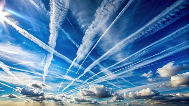 A photo of contrails stretching across a bright blue sky with fluffy white clouds