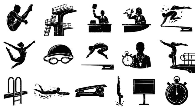 Black and White Grunge Swimming and Diving Icons Set: Swimmers, Divers, Equipment, Officials, and Sports Gear
