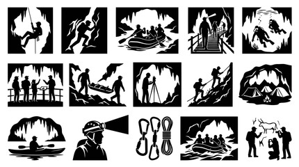 Fototapeta premium Caving and Speleology Adventure Activities Black White Vector Icons Set. Outdoor Exploration Silhouettes Glyphs
