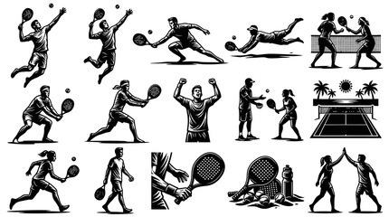 Obraz premium Dynamic Racket Sports Players Game Elements - Black and White Vector Line Art Collection