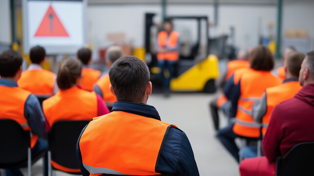 Safety traffic cone in warehouse with forklift and workers during industrial safety training