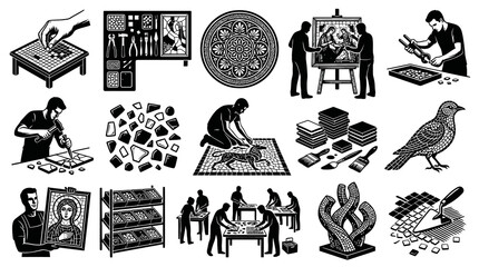 Obraz premium Mosaic Art Craft Black and White Line Art Icons Set: Artisans, Tiles, Tools Finished Works