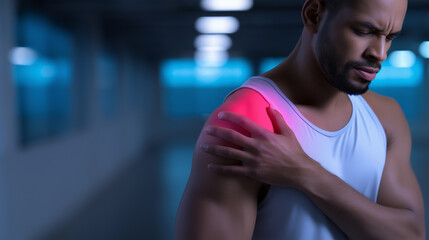 Obraz premium Man holding painful shoulder highlighting muscle injury and physical discomfort concept
