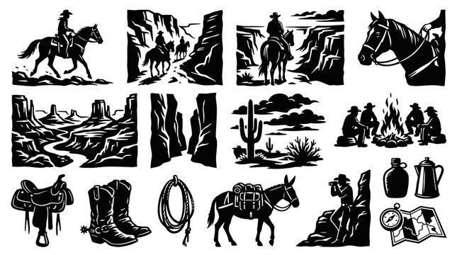 Western Cowboy Adventure Silhouette Graphic Vector Set - Wild West Lifestyle Icons  Outdoor Scenes