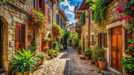 Fototapeta premium A photo of a narrow cobblestone street in an old town, surrounded by buildings with colorful shutters, intricate wooden balconies, and lush greenery o