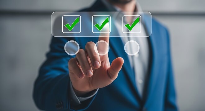 Man in blue suit touching screen with three green checkmarks in boxes check mark checklist tick approve