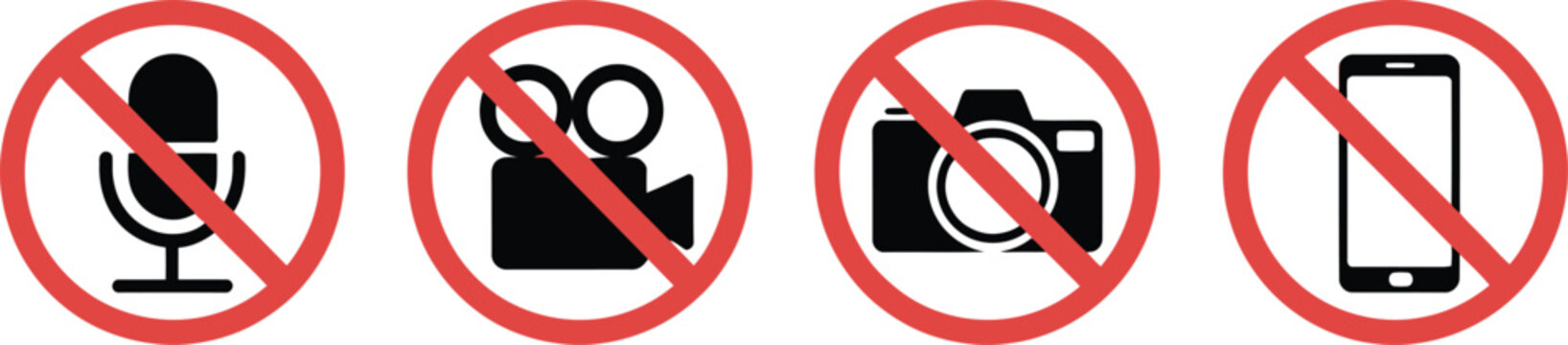Set of four prohibition signs for no microphone, no camera, and no phone