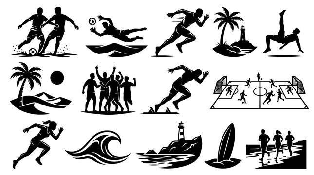 Black and White Vector Sports, Fitness, and Outdoor Activity Icons Set with Beach and Recreation Silhouettes.