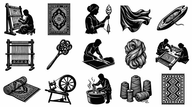 Traditional Textile and Carpet Weaving Craft: Black  White Engraving Line Art Illustrations Set