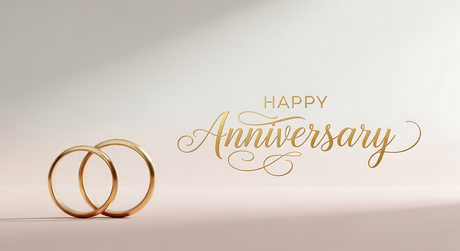 Elegant gold wedding rings with Happy Anniversary text
