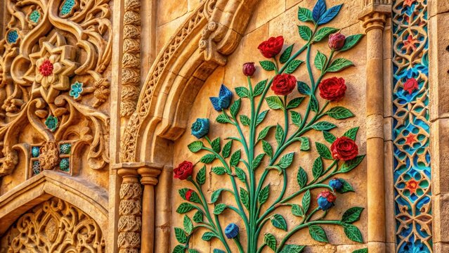 A photo of intricate floral carving on the facade of Ishak Pasha Palace in Istanbul, Turkey Delicate petals and leaves etched into the stonework, s