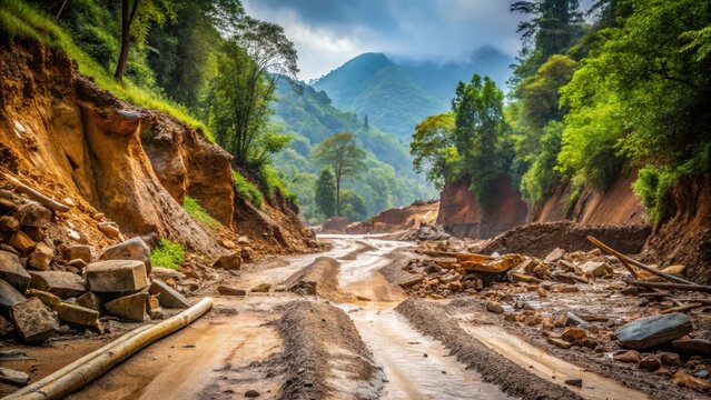 A photo of a dirt road landslide with rocks obstructing the path in a rural landscape, rocky terrain, mudflow, fallen trees, natural disaster, earth m