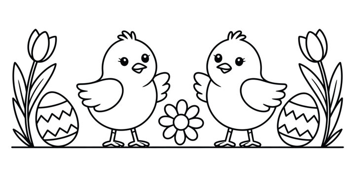 Two cute baby chicks with easter eggs and spring flowers
