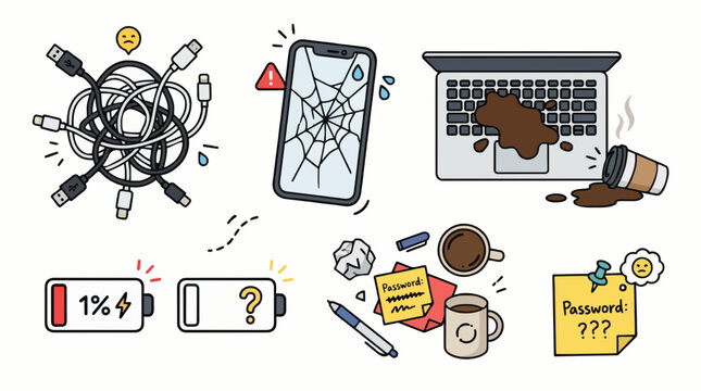Collection of electronic device mishaps and common problems like tangled cords, broken screens, spilled drinks, and low battery warnings, symbolizing digital stress