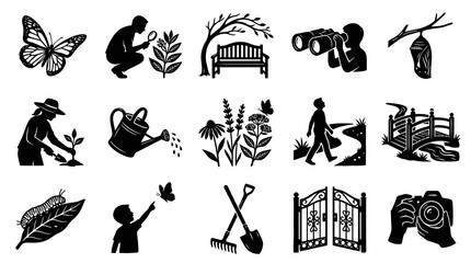 Obraz premium Black and White Garden Icons: Butterfly, Gardening, Nature Study, and Landscape Elements