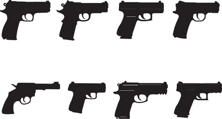 Isolated vector illustration set of automatic military guns including a black sniper rifle, pistol, and machine handgun silhouette with metal barrel and sight for army shooting war © Mk