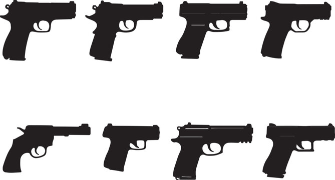 Isolated vector illustration set of automatic military guns including a black sniper rifle, pistol, and machine handgun silhouette with metal barrel and sight for army shooting war