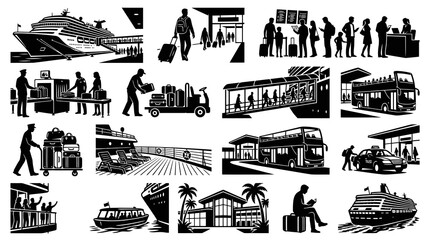 Obraz premium Cruise Travel and Port Logistics Flat Silhouette Vector Icons Set. Passenger Transportation Glyphs.