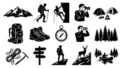 Obraz premium Black and White Vector Icons of Outdoor Adventure, Camping, Hiking, and Nature